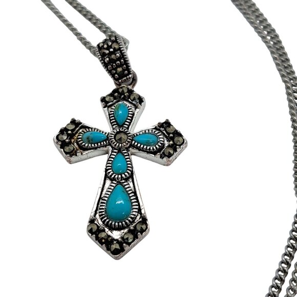 Jewelry - Silver tone and turquoise colored stones cross necklace